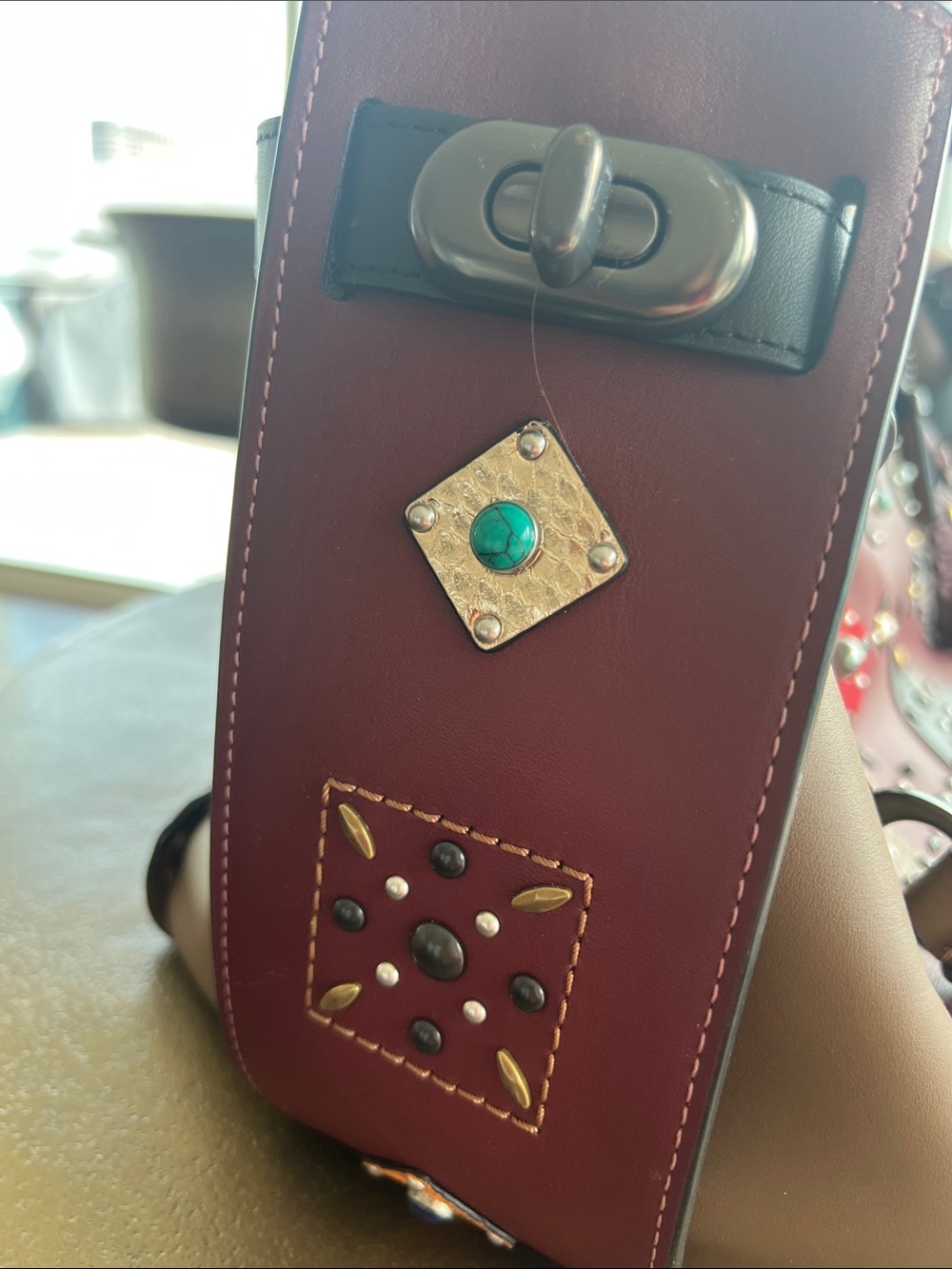 COACH Burgundy Leather Studded Satchel with Multicolor Accent Studs View 4
